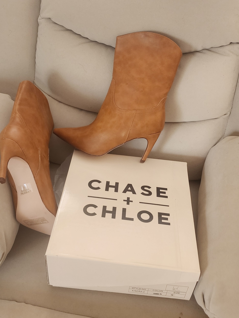 Chase + Chloe Cognac Pointed-Toe Mid-Calf Stiletto Boots